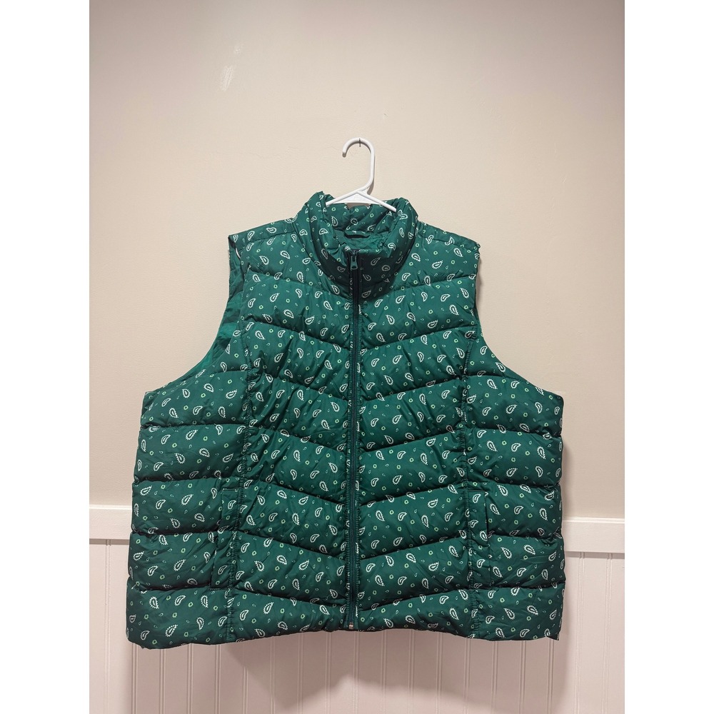 Lands End Puffer Vest Full Zip Kelly Green Paisley Women Size 3X